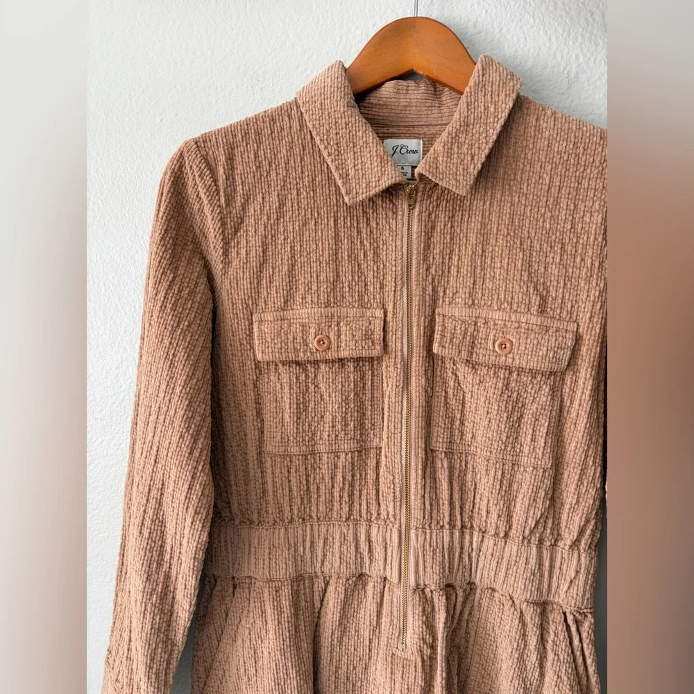 J. Crew Zip Front Cinched Waist Textured Corduroy Dress Pale Mocha Women Size 6
